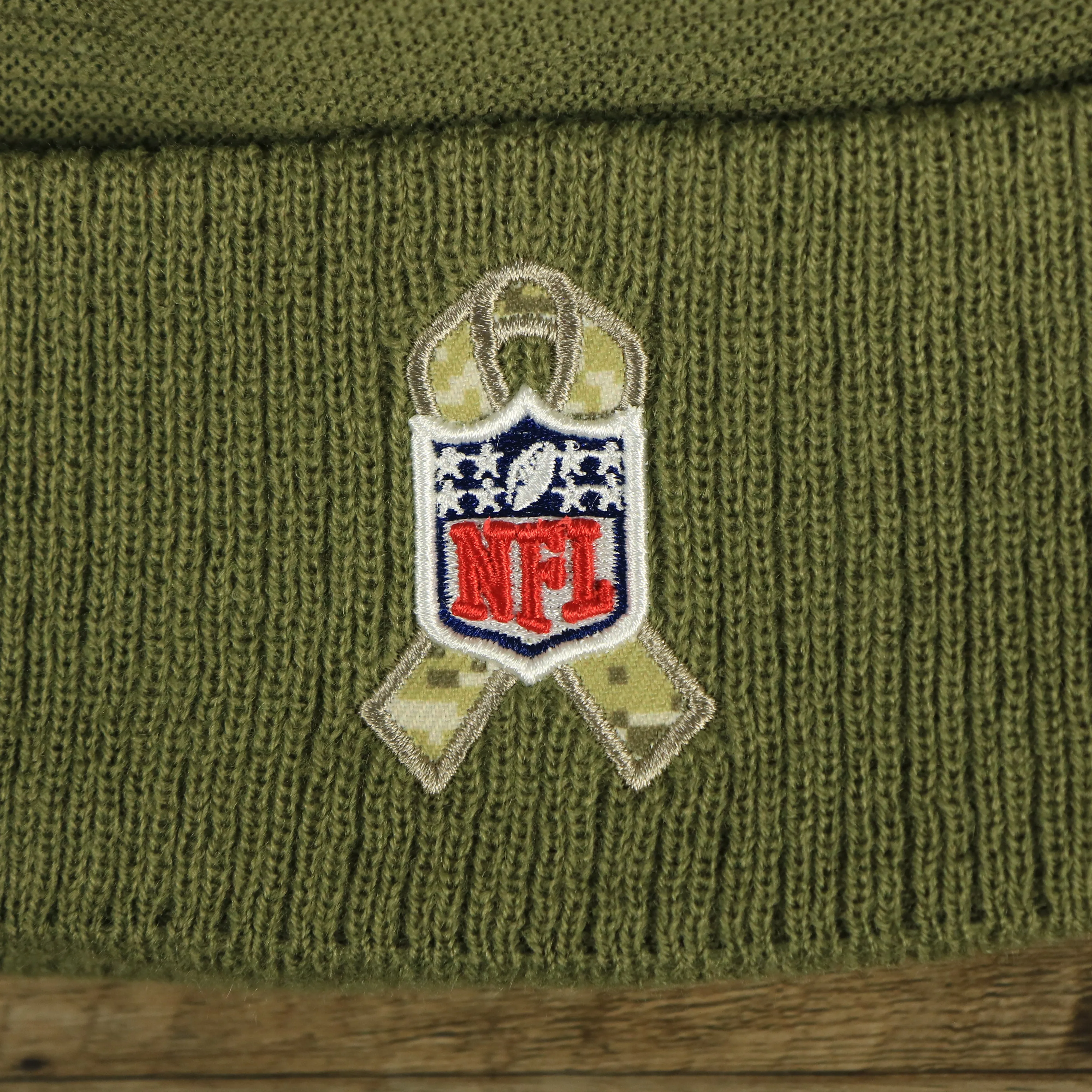 Philadelphia Eagles Salute To Service Ribbon Rubber Military Eagles Patch On Field NFL Beanie | Military Green Beanie