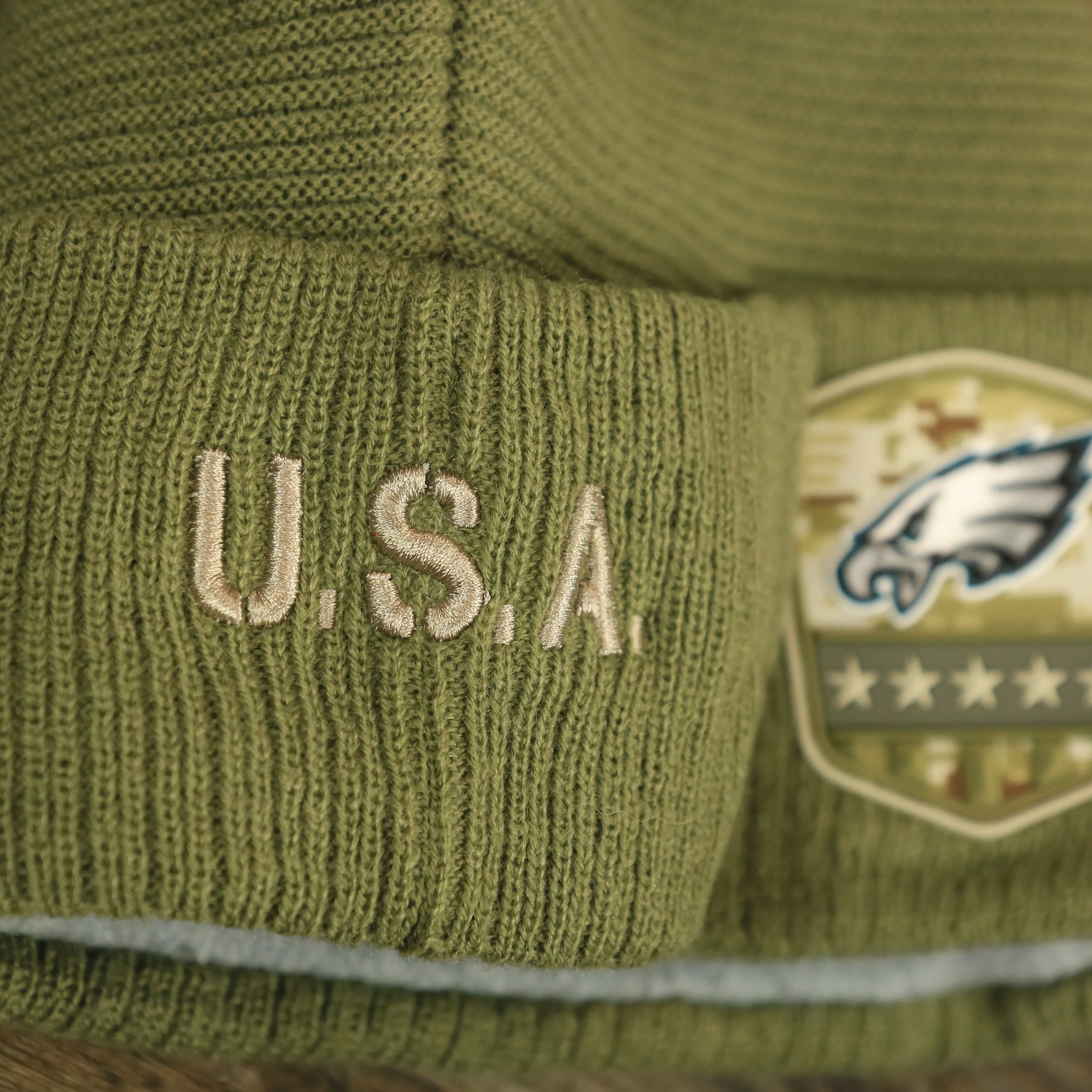 Philadelphia Eagles Salute To Service Ribbon Rubber Military Eagles Patch On Field NFL Beanie | Military Green Beanie