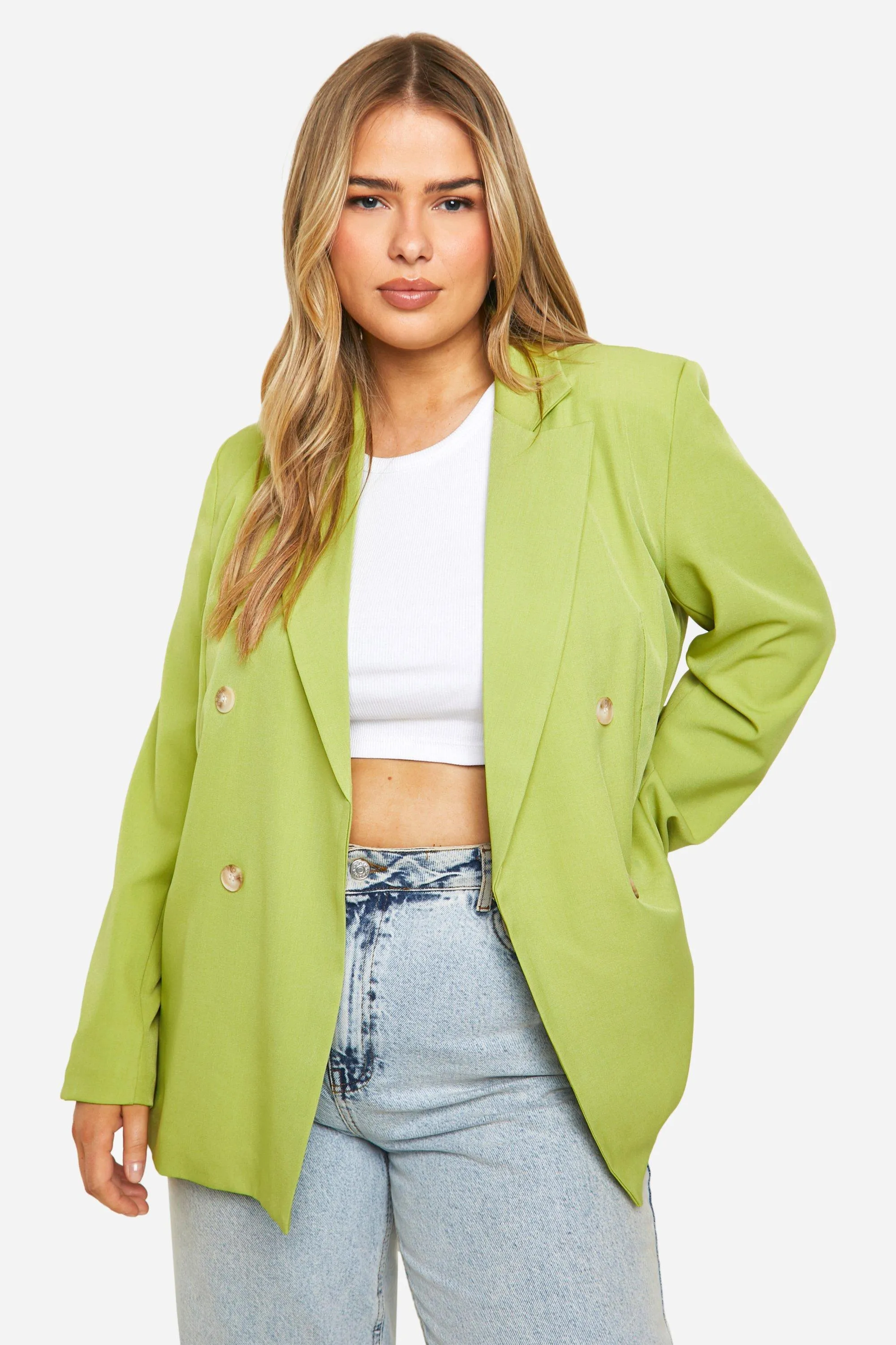 Plus Double Breasted Linen Look Blazer