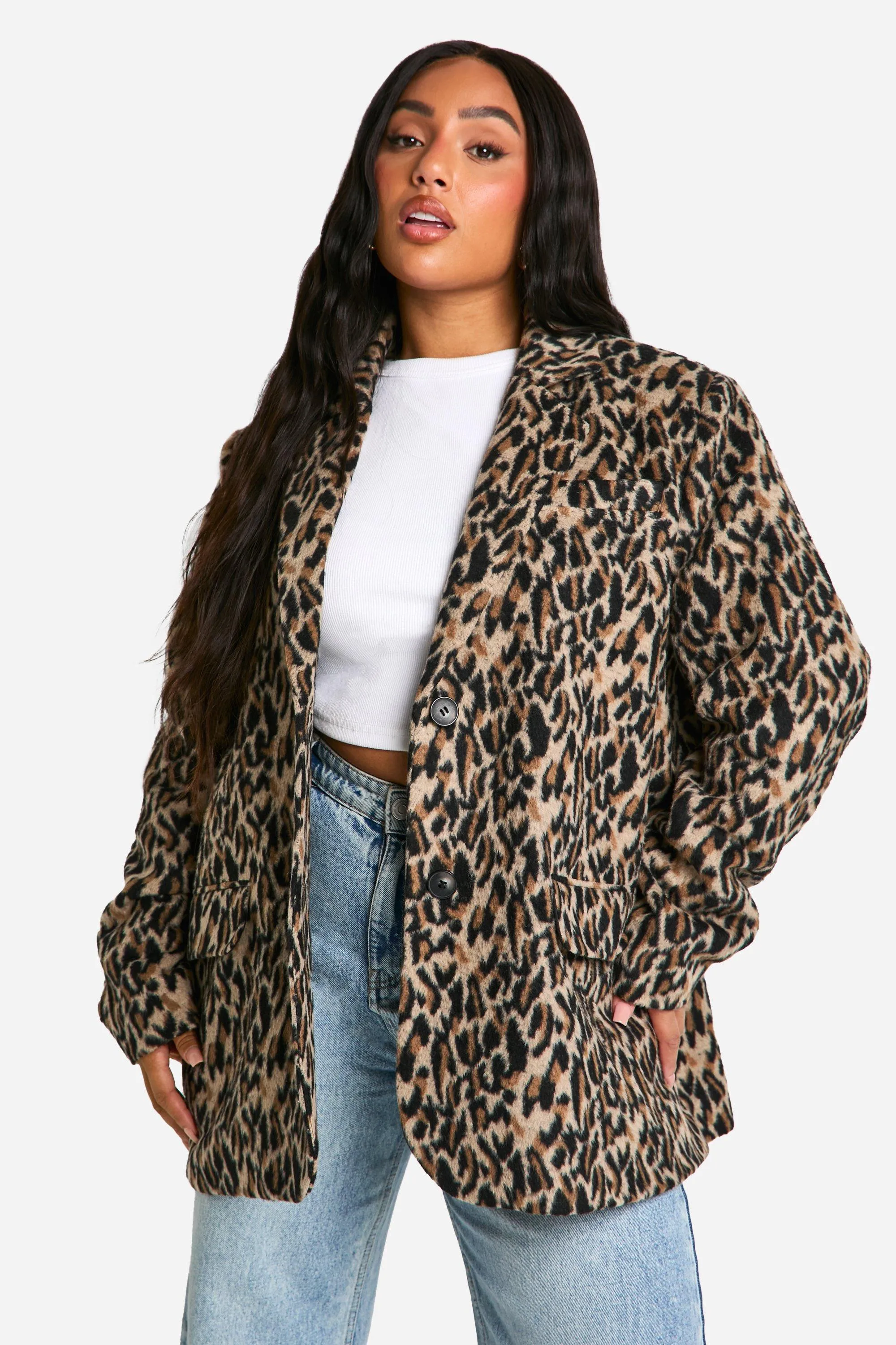 Plus Leopard Print Shoulder Pad Detail Wool Look Blazer