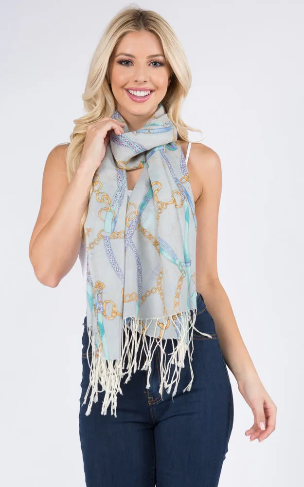 PMW917 100% Wool Chain Print Oblong Scarf w/Fringes