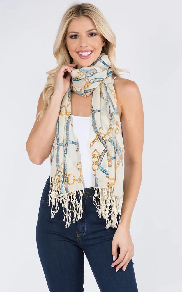 PMW917 100% Wool Chain Print Oblong Scarf w/Fringes