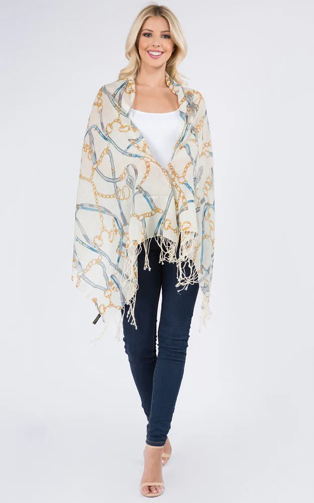 PMW917 100% Wool Chain Print Oblong Scarf w/Fringes