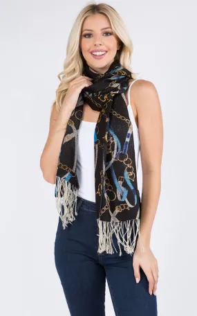 PMW917 100% Wool Chain Print Oblong Scarf w/Fringes