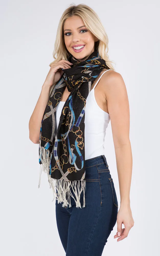 PMW917 100% Wool Chain Print Oblong Scarf w/Fringes