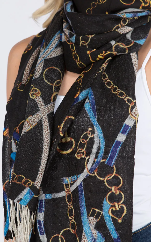 PMW917 100% Wool Chain Print Oblong Scarf w/Fringes