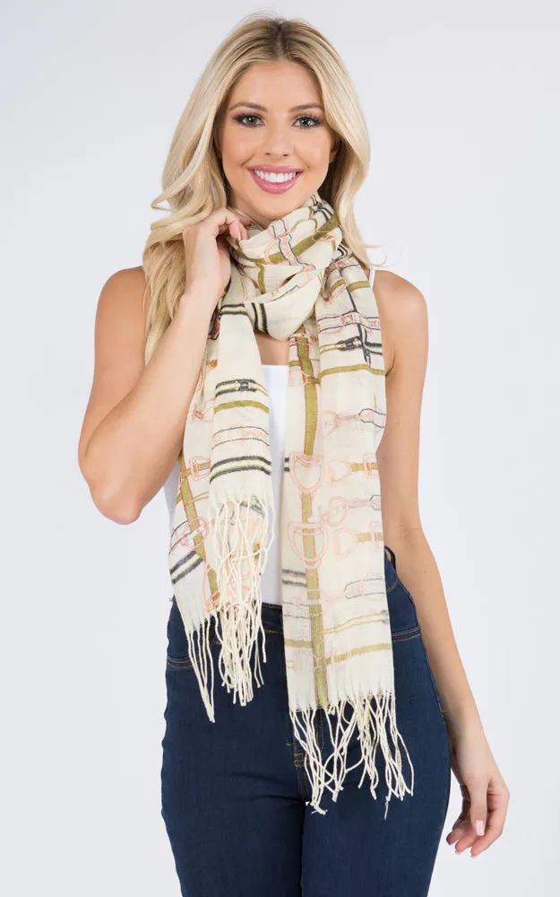 PMW921 100% Wool Belt Print Oblong Scarf w/Fringes