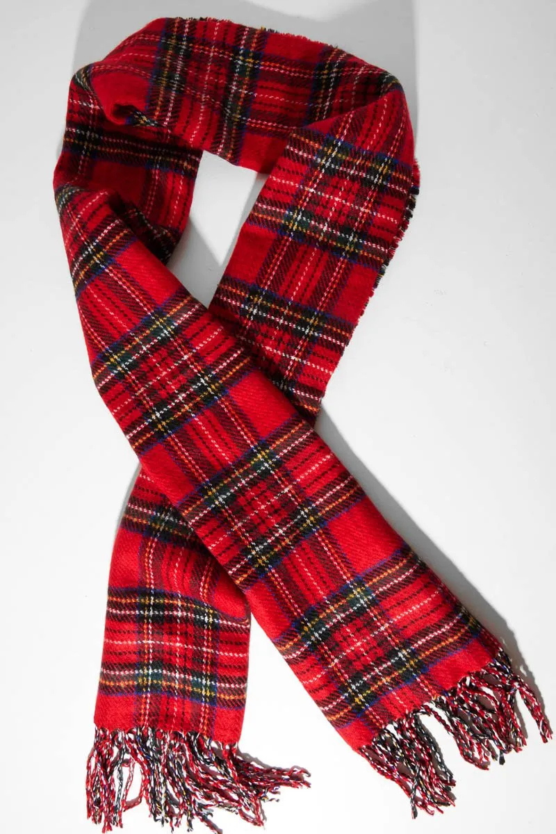 Red Tartan Fringe Trim Scarf - Elycia