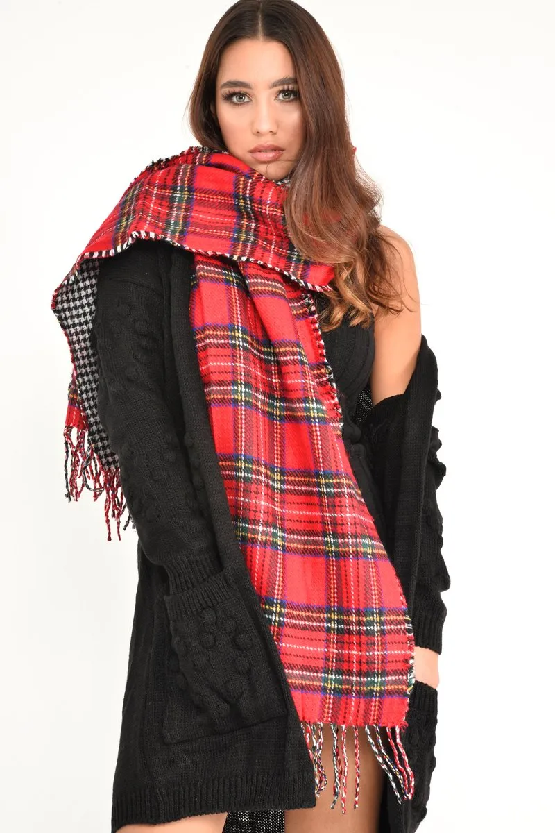 Red Tartan Fringe Trim Scarf - Elycia