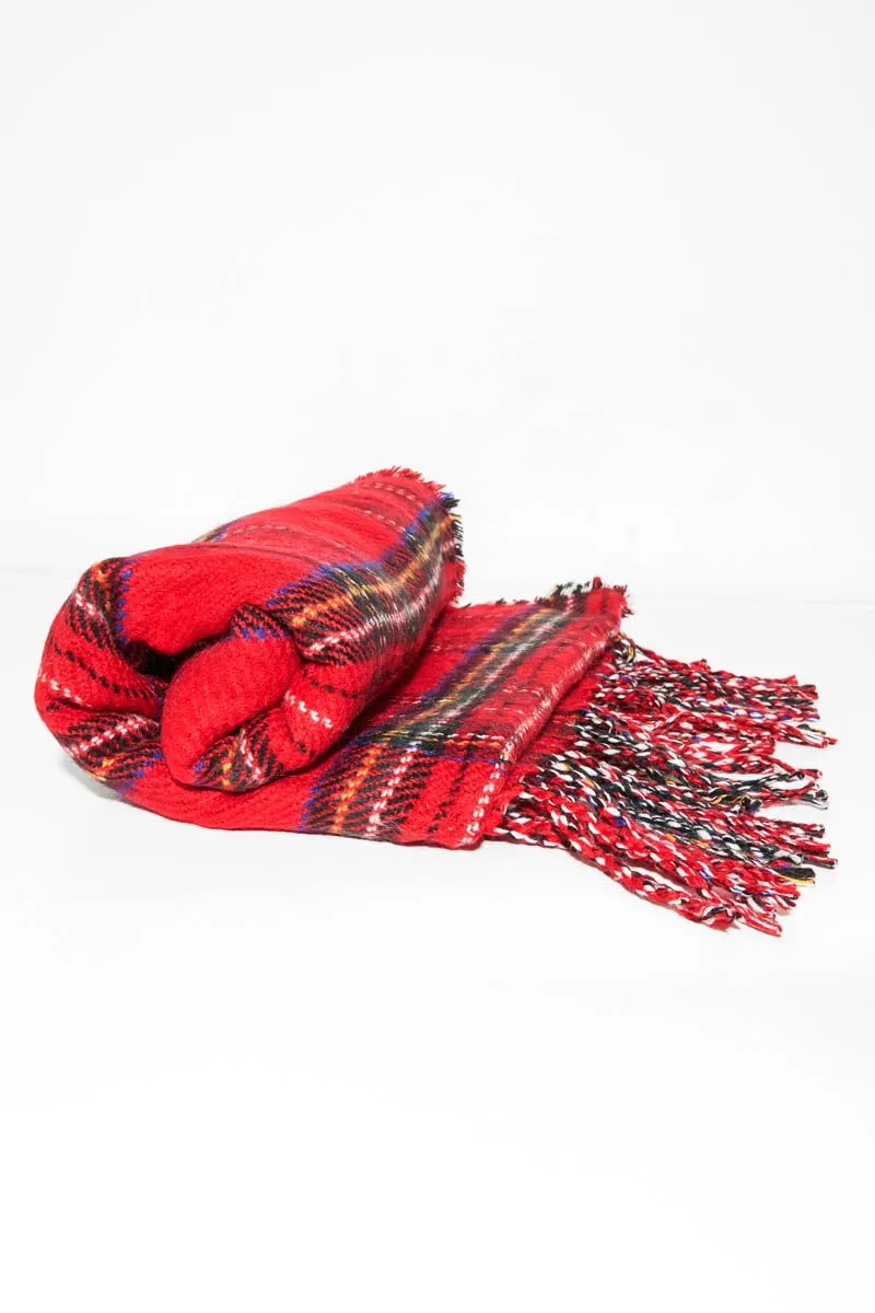 Red Tartan Fringe Trim Scarf - Elycia