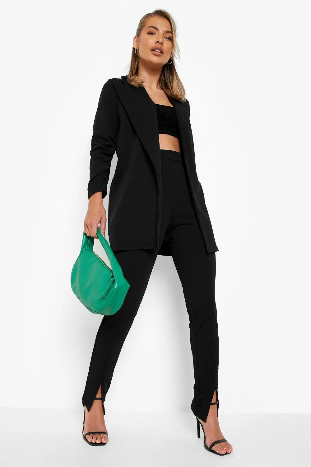 Ruched Sleeve Blazer & Split Hem Pants Suit