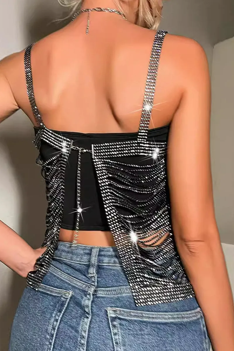 Sexy Solid Hollowed Out Backless Square Collar Tops