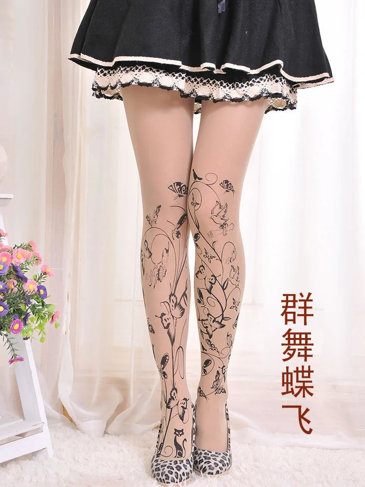 Sexy Women Fashion Japan Angel Animal Mock Knee High Tattoo Tights Pantyhose Pattern Printed Stockings SM6