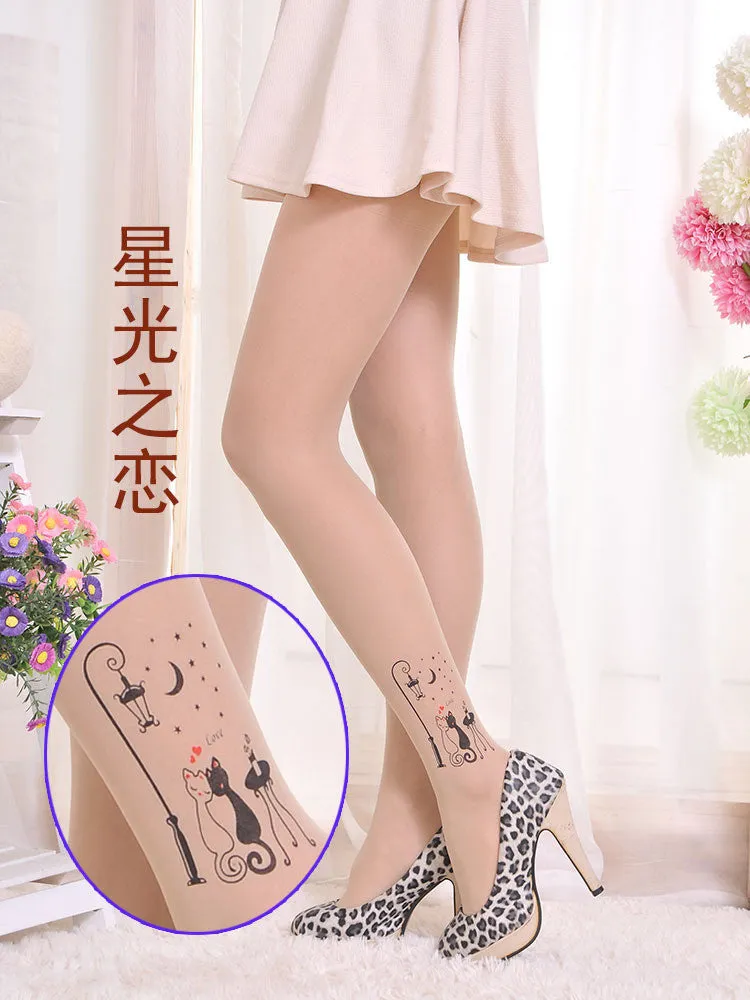 Sexy Women Fashion Japan Angel Animal Mock Knee High Tattoo Tights Pantyhose Pattern Printed Stockings SM6