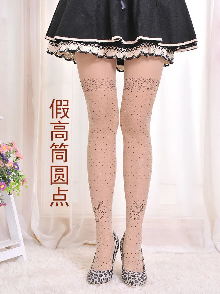 Sexy Women Fashion Japan Angel Animal Mock Knee High Tattoo Tights Pantyhose Pattern Printed Stockings SM6