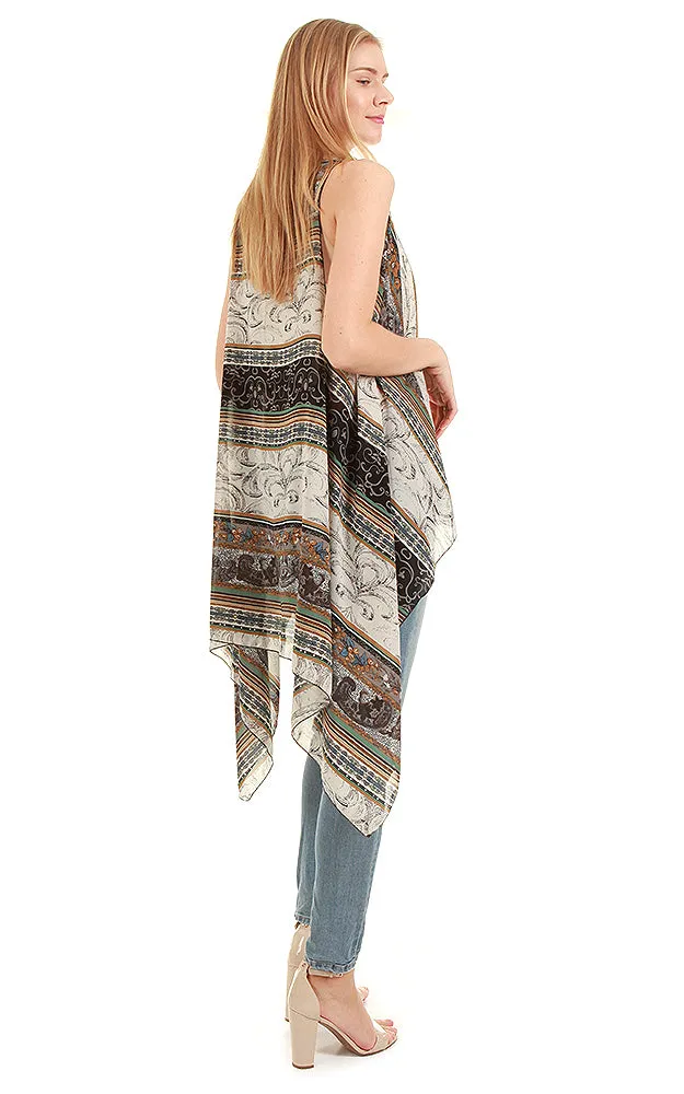 SN05 Tan Multi Pattern Scarf Long Vest