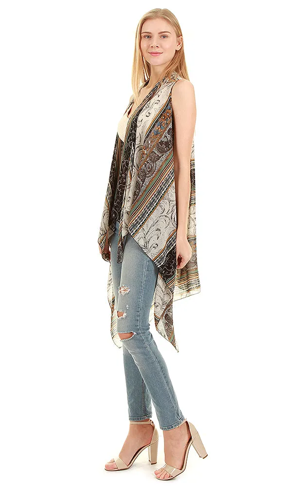 SN05 Tan Multi Pattern Scarf Long Vest