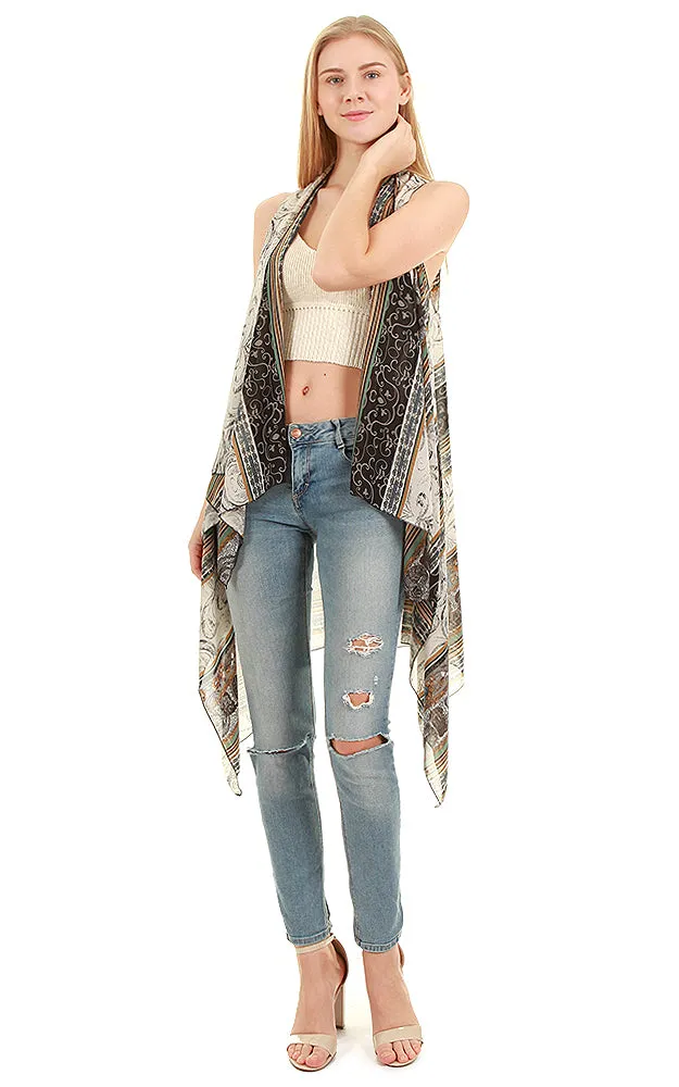 SN05 Tan Multi Pattern Scarf Long Vest