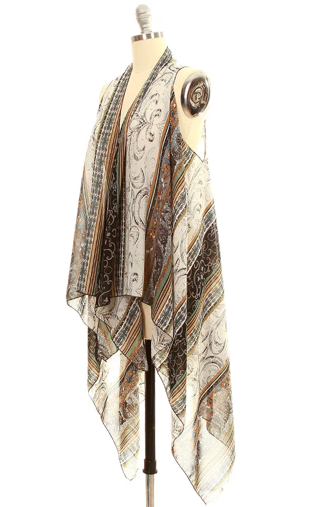 SN05 Tan Multi Pattern Scarf Long Vest