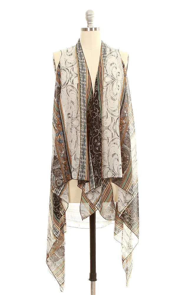 SN05 Tan Multi Pattern Scarf Long Vest