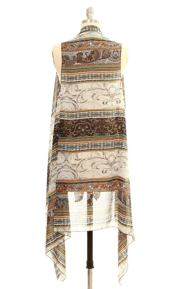 SN05 Tan Multi Pattern Scarf Long Vest