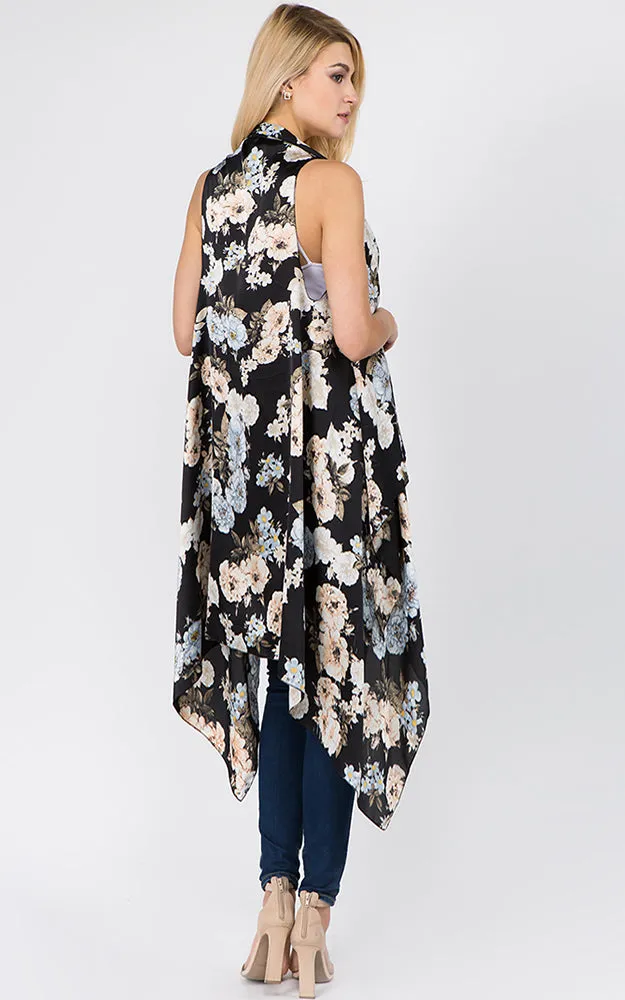 SN1C16 Flower Printed Scarf Long Vest