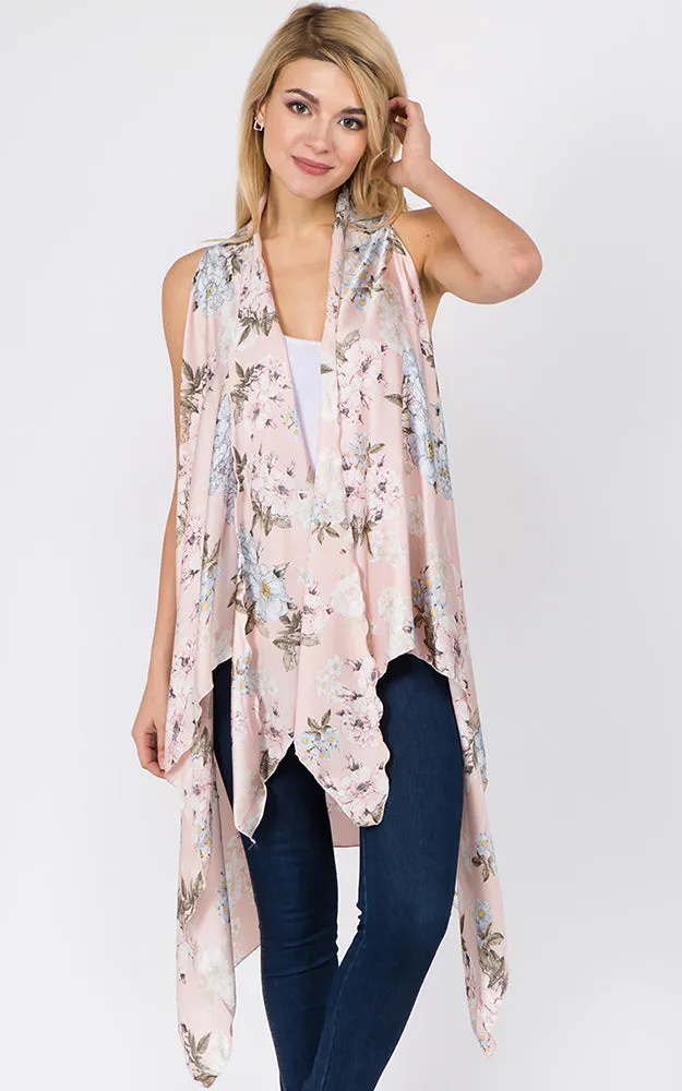 SN1C16 Flower Printed Scarf Long Vest