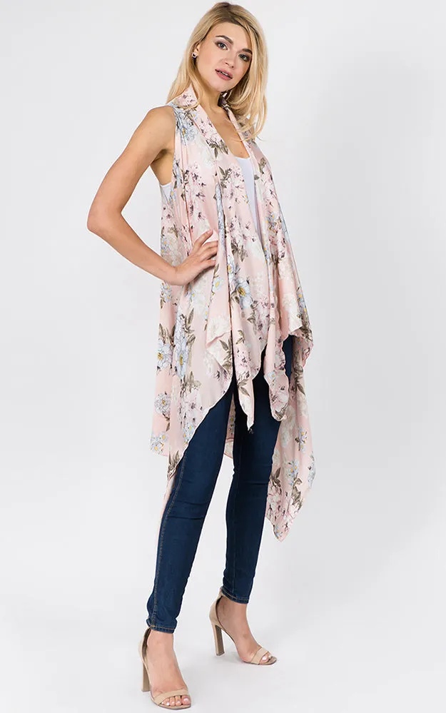 SN1C16 Flower Printed Scarf Long Vest