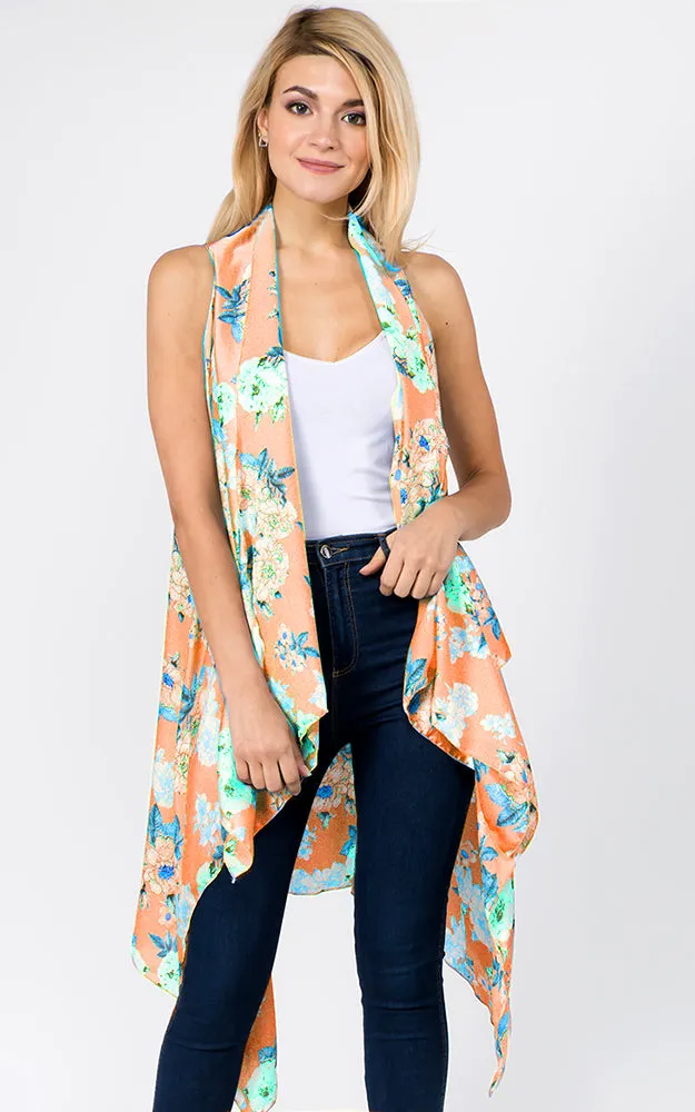 SN1C16 Flower Printed Scarf Long Vest