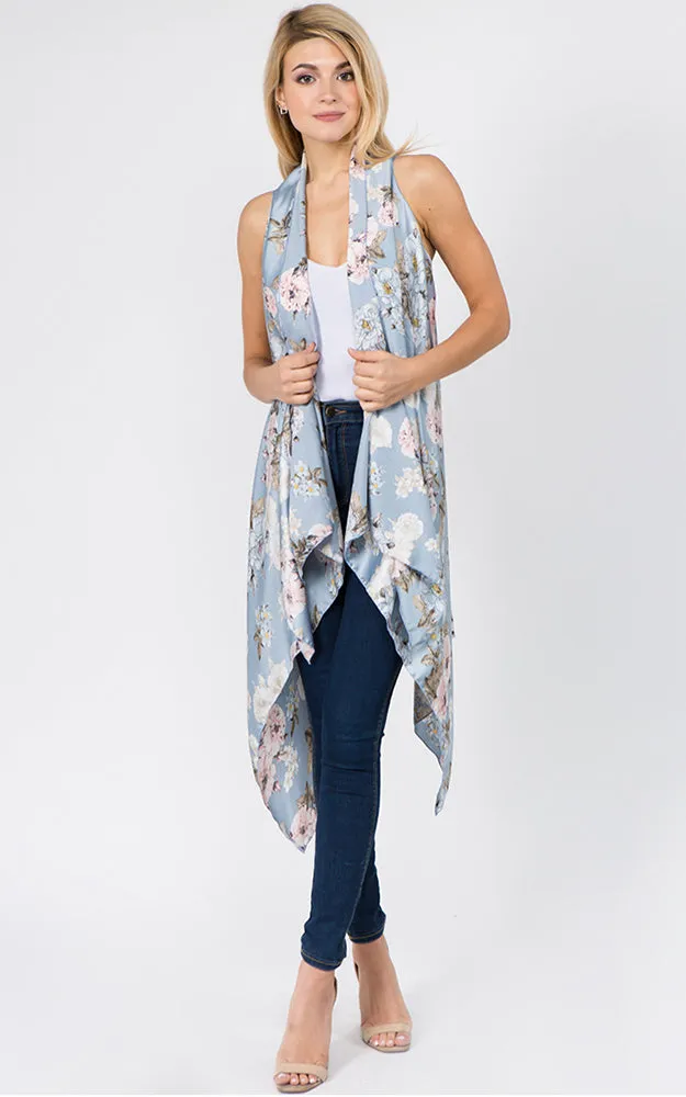 SN1C16 Flower Printed Scarf Long Vest