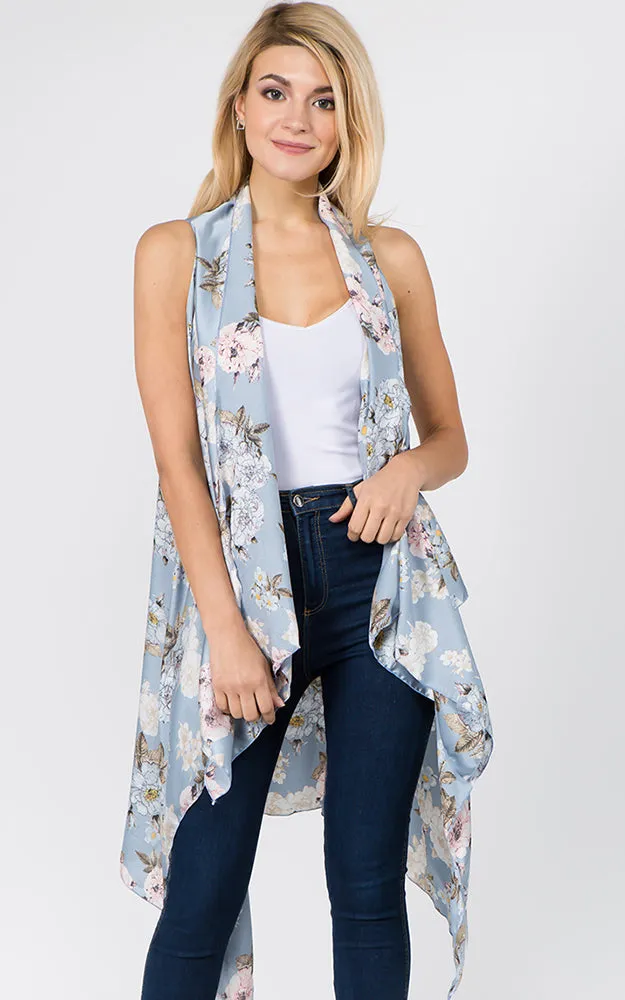 SN1C16 Flower Printed Scarf Long Vest