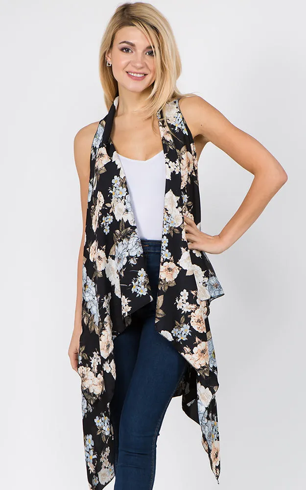 SN1C16 Flower Printed Scarf Long Vest