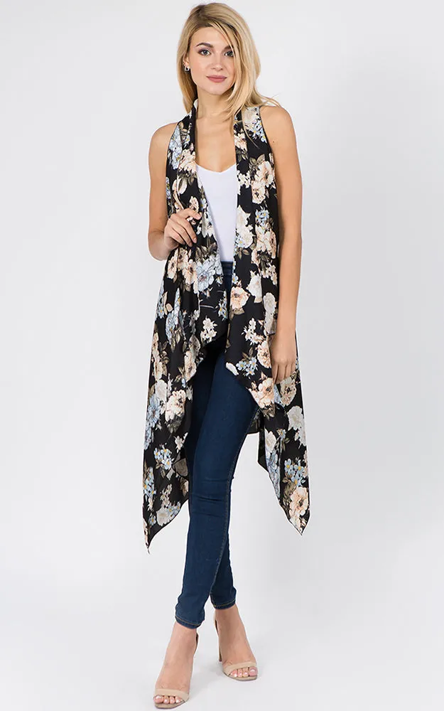 SN1C16 Flower Printed Scarf Long Vest