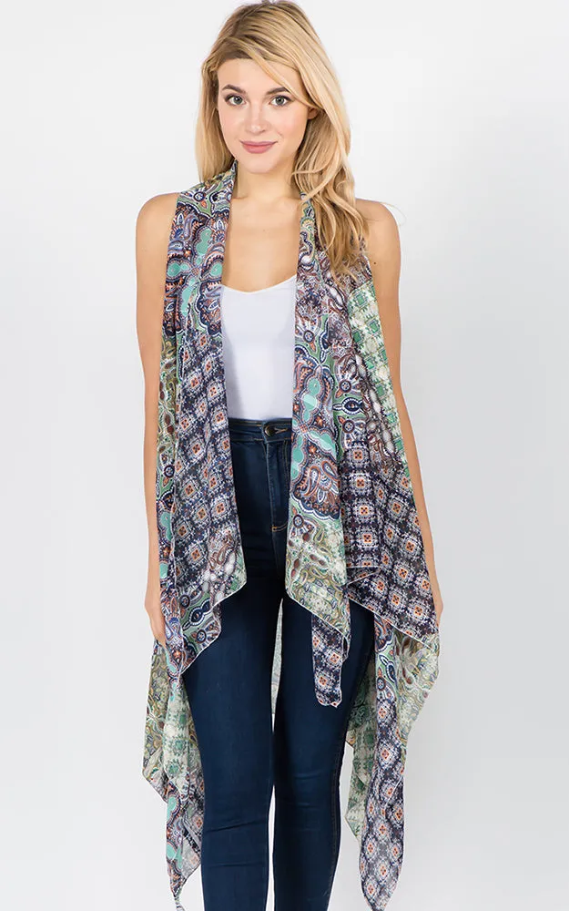 SN1C37 Paisley & mixed Printed Scarf Long Vest