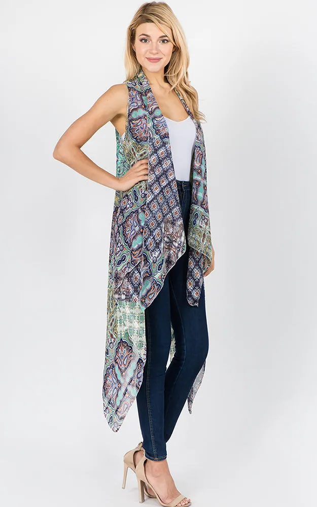 SN1C37 Paisley & mixed Printed Scarf Long Vest