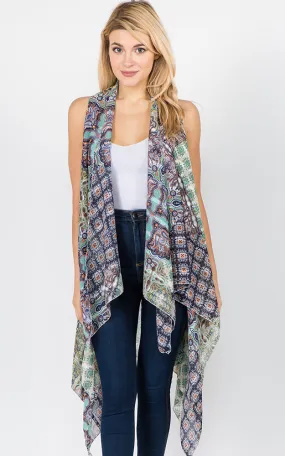 SN1C37 Paisley & mixed Printed Scarf Long Vest