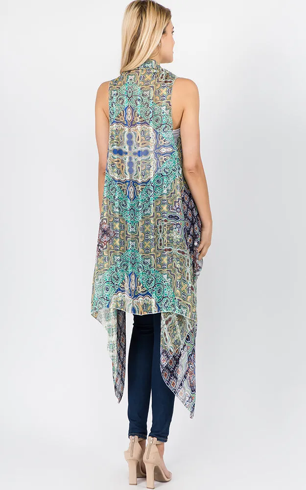 SN1C37 Paisley & mixed Printed Scarf Long Vest