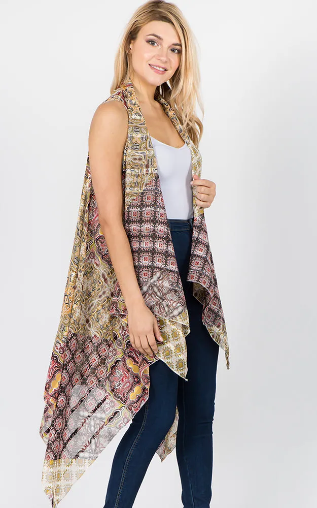 SN1C37 Paisley & mixed Printed Scarf Long Vest