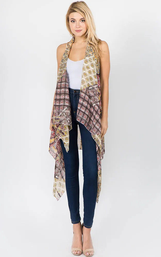 SN1C37 Paisley & mixed Printed Scarf Long Vest