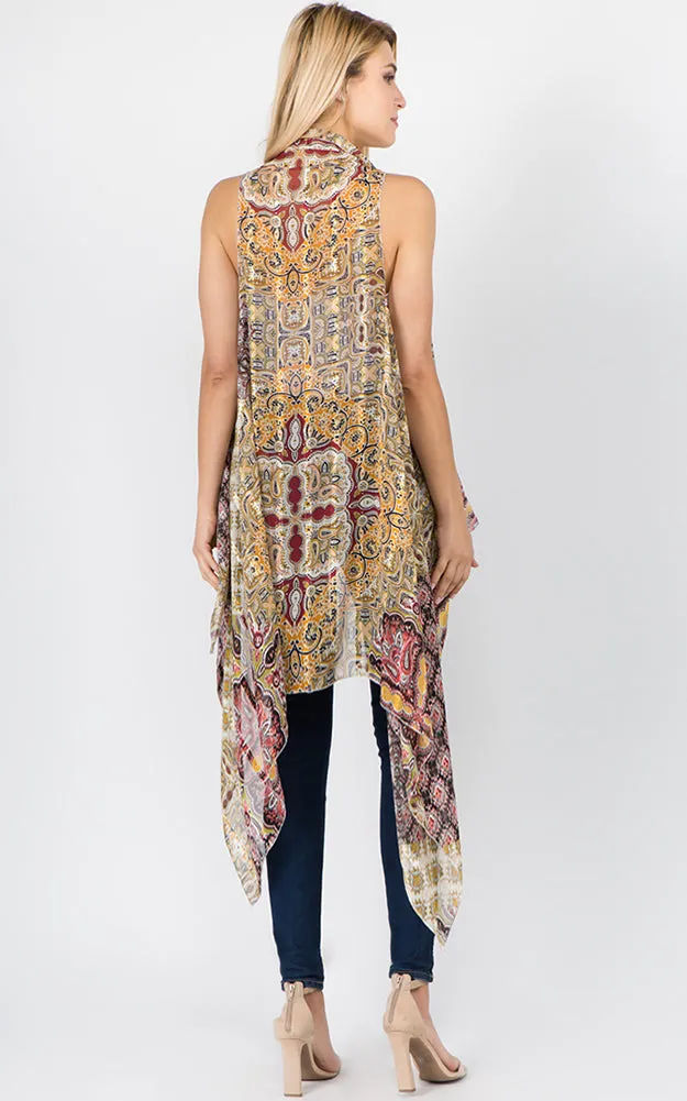 SN1C37 Paisley & mixed Printed Scarf Long Vest