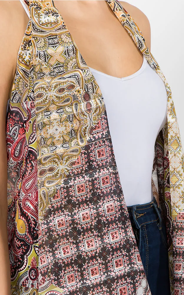 SN1C37 Paisley & mixed Printed Scarf Long Vest