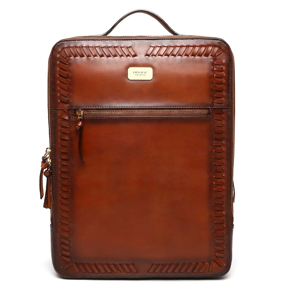 Tan Weaved Stripes Leather Backpack By Brune & Bareskin