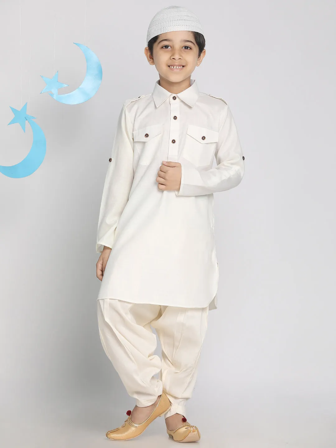 VASTRAMAY Boys' Cream Pathani Suit Set