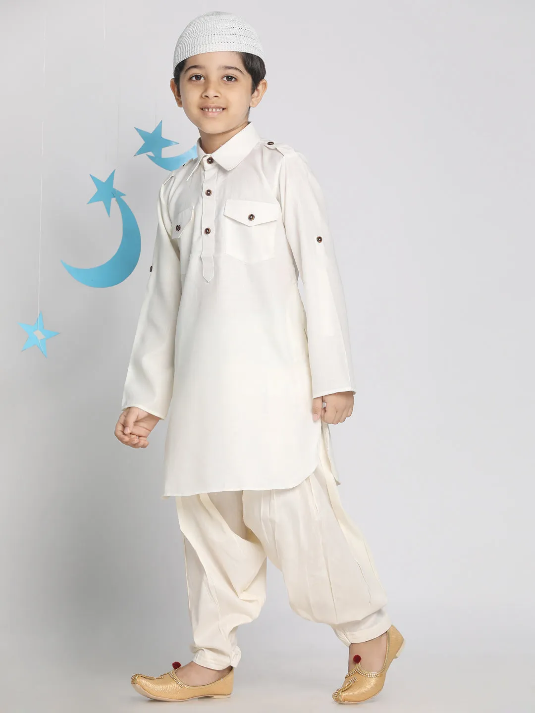 VASTRAMAY Boys' Cream Pathani Suit Set