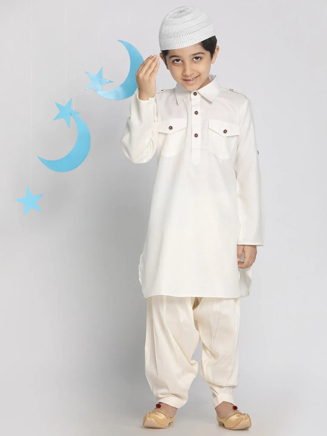 VASTRAMAY Boys' Cream Pathani Suit Set