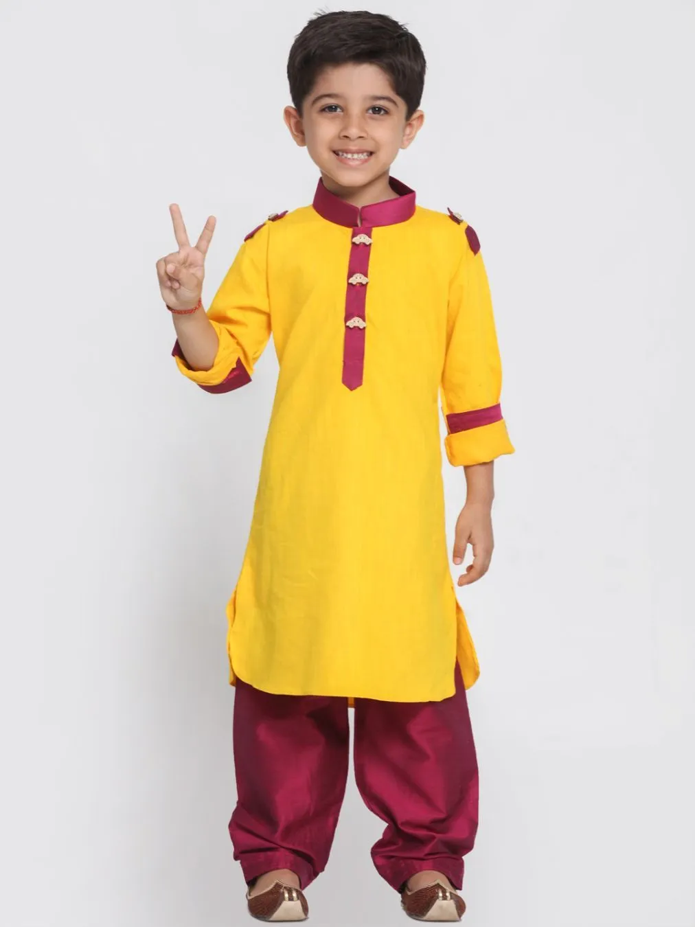 VASTRAMAY Boy's Yellow Cotton Pathani Suit