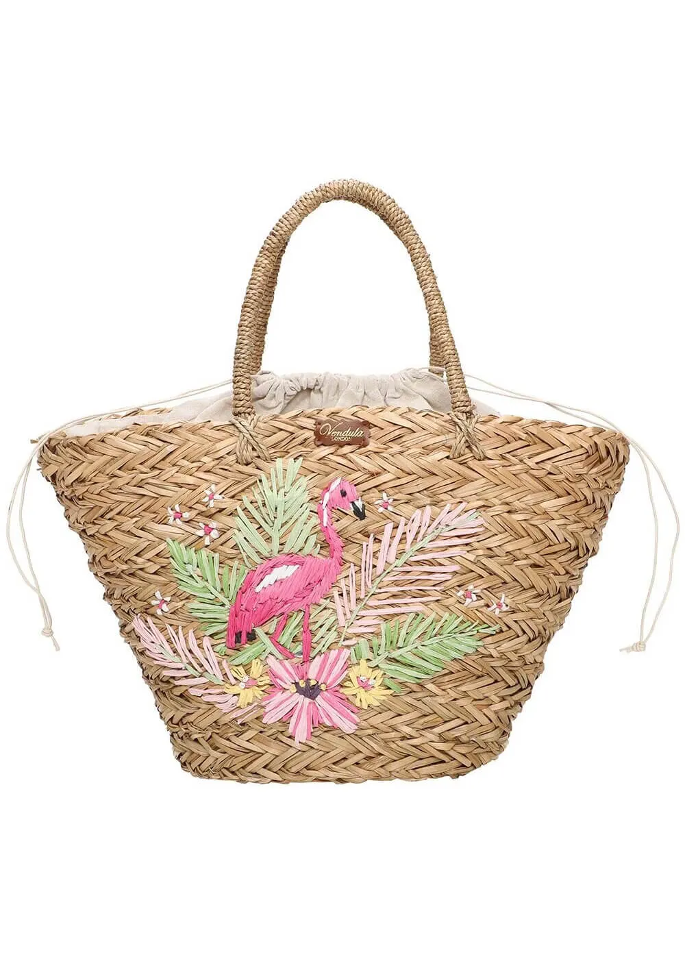 Vendula London Paradise Palms Large Flamingo Basket Bag Brown