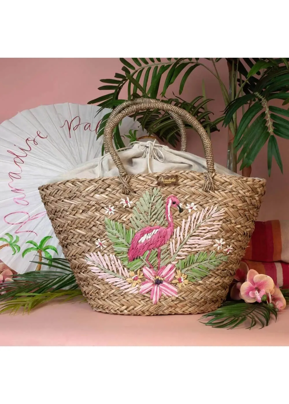 Vendula London Paradise Palms Large Flamingo Basket Bag Brown