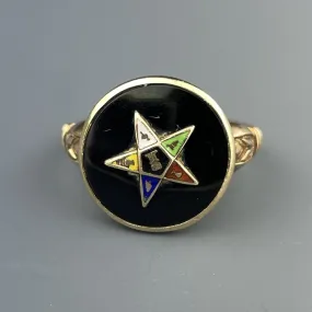 Vintage 14K Gold Onyx Enamel Masonic Star Ring, Sz 5 3/4