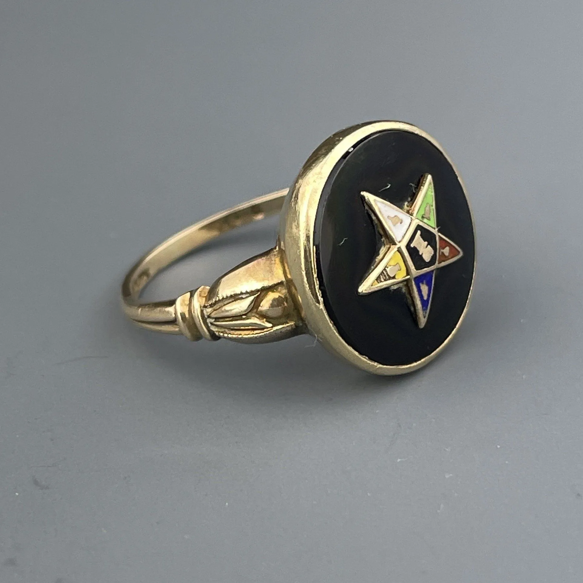 Vintage 14K Gold Onyx Enamel Masonic Star Ring, Sz 5 3/4